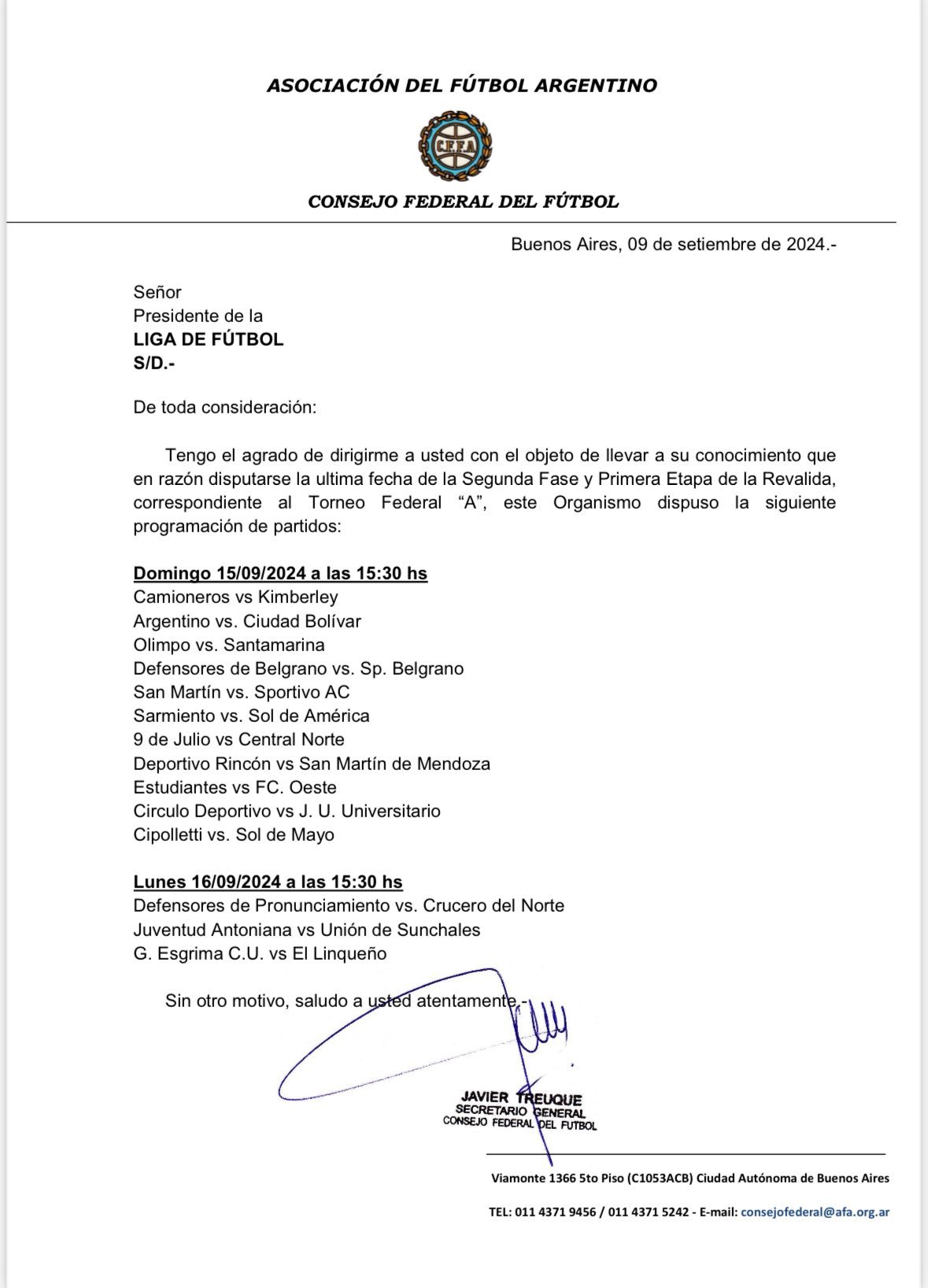 Horarios unificados para la definición del Federal A